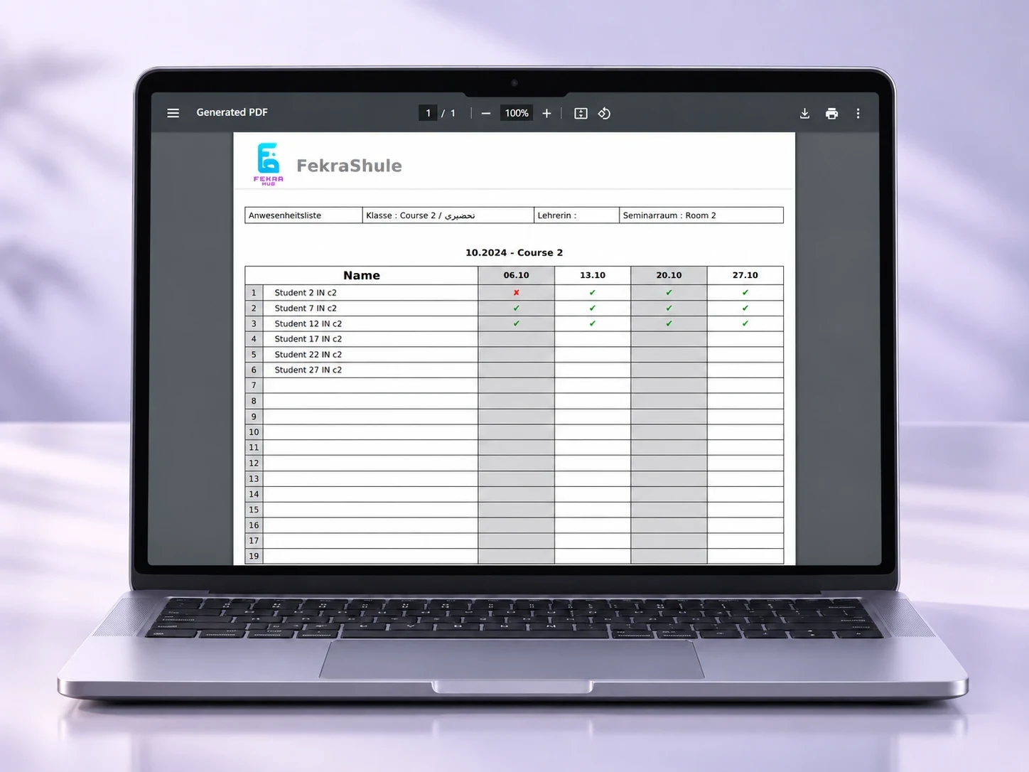 FekraHub, exportierte Anwesenheitsliste als PDF